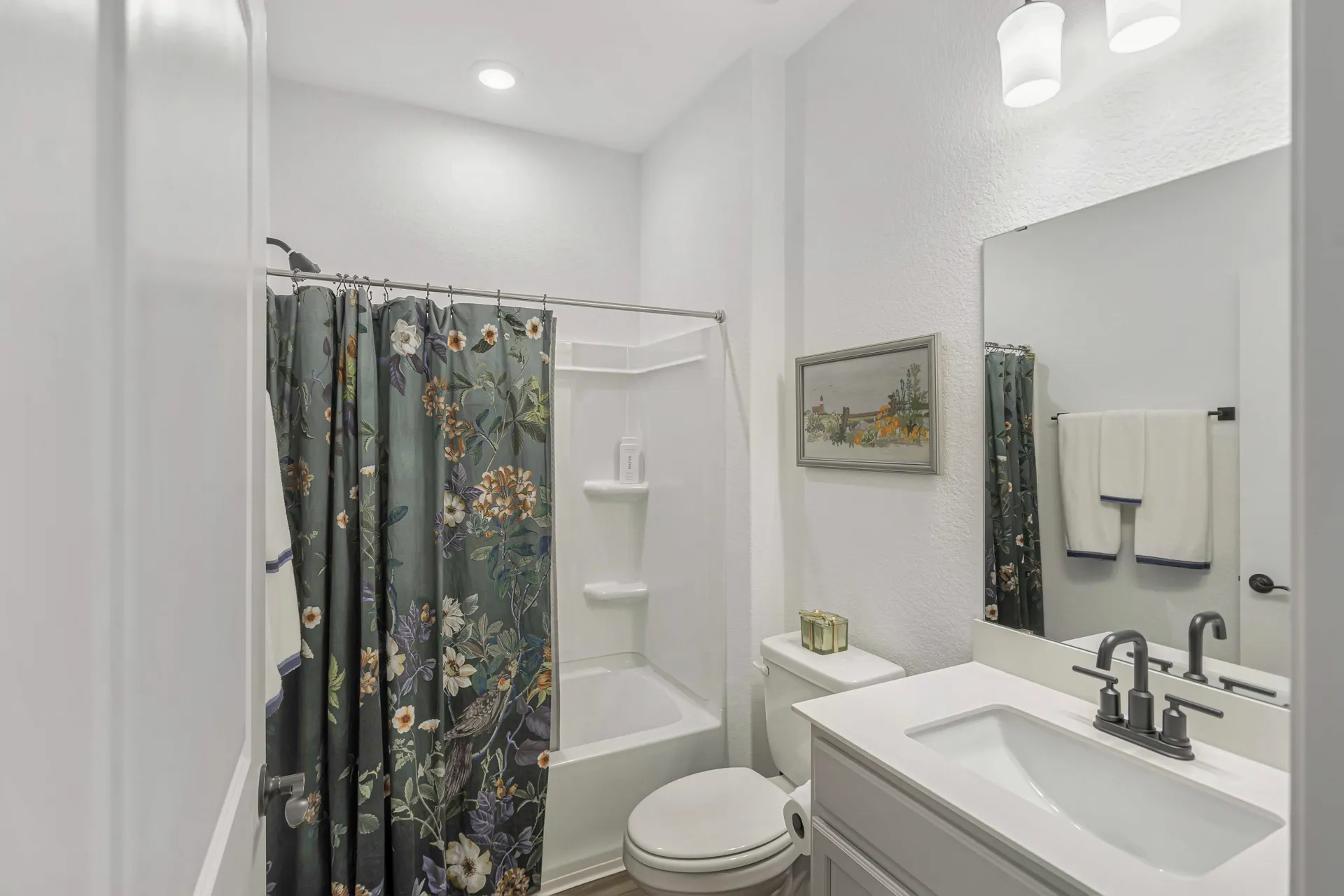 Guest bathroom with vanity, shower curtain and modern fixtures
