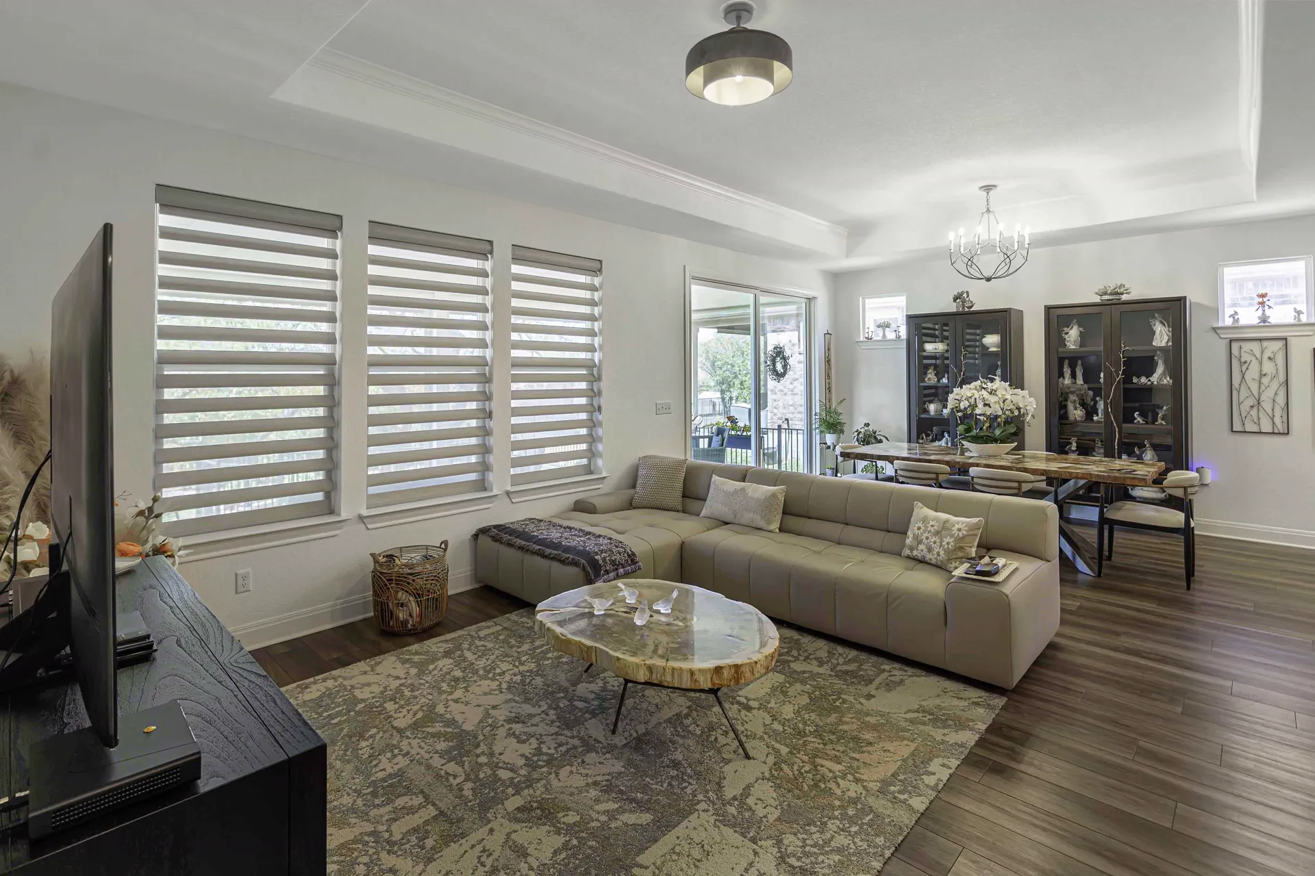Living room wide view — ceiling fan, natural light and modern decor